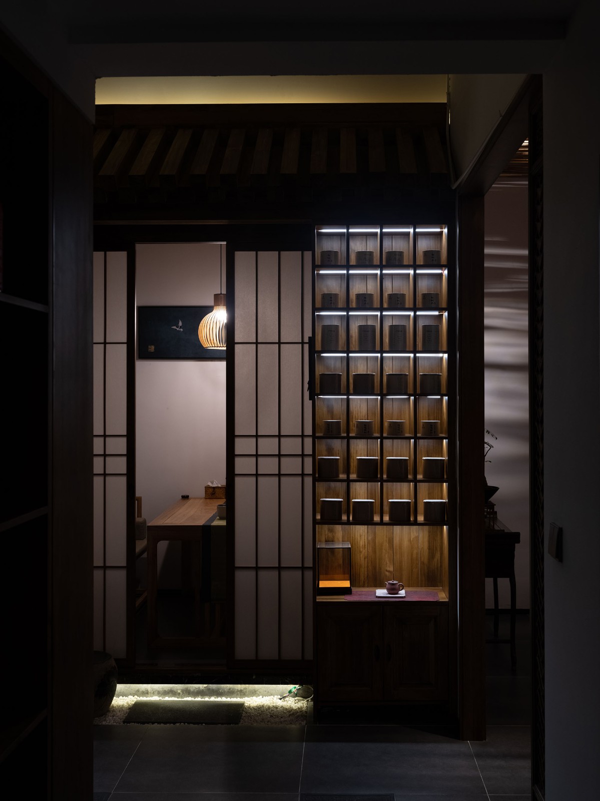 日式风格，满满禅意,茶艺是一场回归心灵的旅行,黄冈市灯光设计实景拍摄案例 |新中式茶室空间室内设计